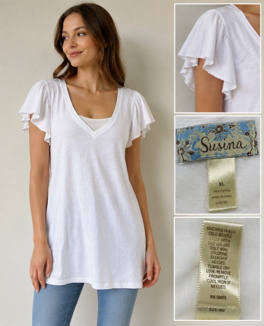 Susina Women's Flutter Sleeve V-Neck Tunic Top Size XL Cream Boho Cotton